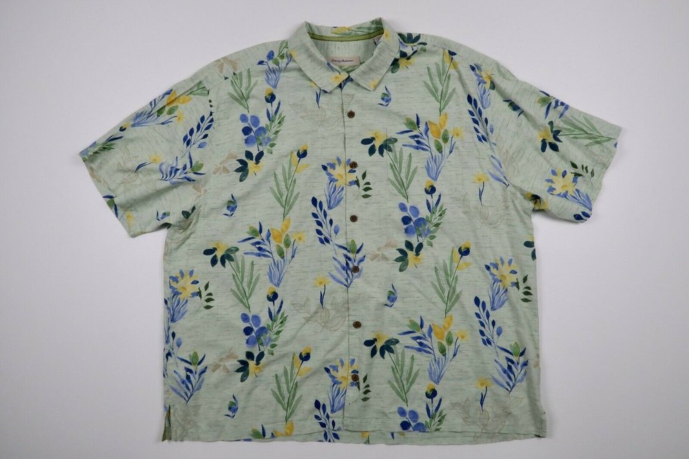 Tommy Bahama Mens 2XB Green Silk Floral Aloha Hawaiian Island Camp Shirt 2X Big